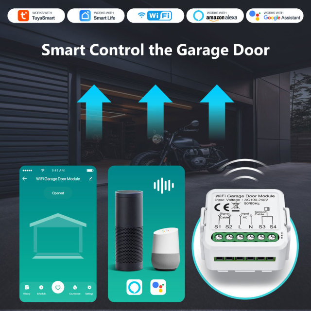Tuya Smart WiFi Automatic Garage Door Opener Module with Door Sensor, APP & Voice Control