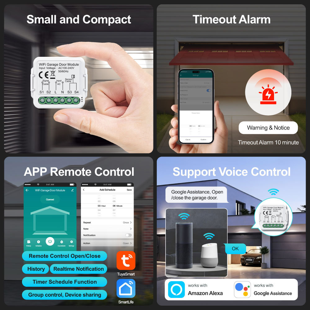Tuya Smart WiFi Automatic Garage Door Opener Module with Door Sensor, APP & Voice Control