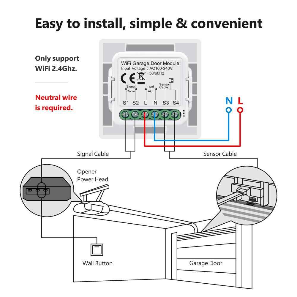 Tuya Smart WiFi Automatic Garage Door Opener Module with Door Sensor, APP & Voice Control
