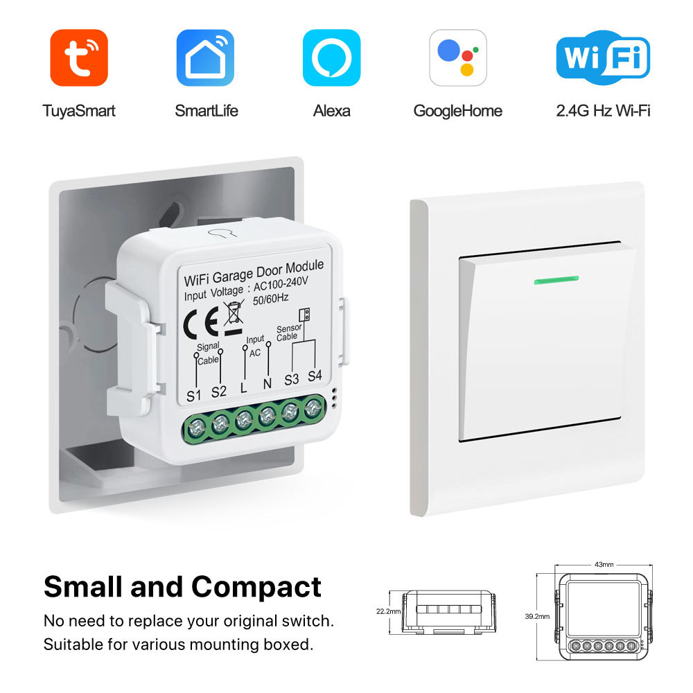 Tuya Smart WiFi Automatic Garage Door Opener Module with Door Sensor, APP & Voice Control