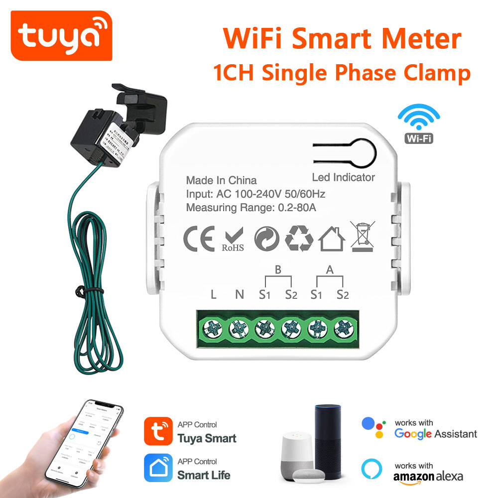 Tuya Smart WiFi 1CH Single Phase Clamp Smart Meter, 0-80A, Energy Monitoring & Power Alarm