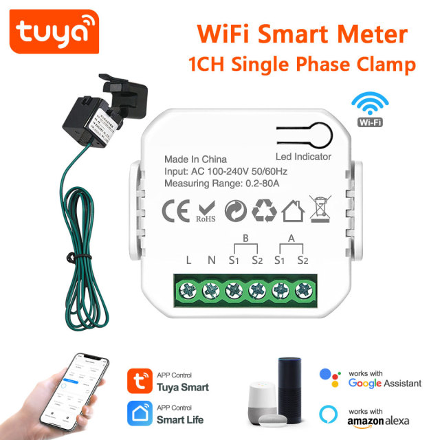 Tuya Smart WiFi 1CH Single Phase Clamp Smart Meter, 0-80A, Energy Monitoring & Power Alarm