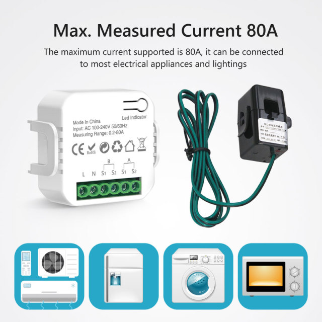 Tuya Smart WiFi 1CH Single Phase Clamp Smart Meter, 0-80A, Energy Monitoring & Power Alarm