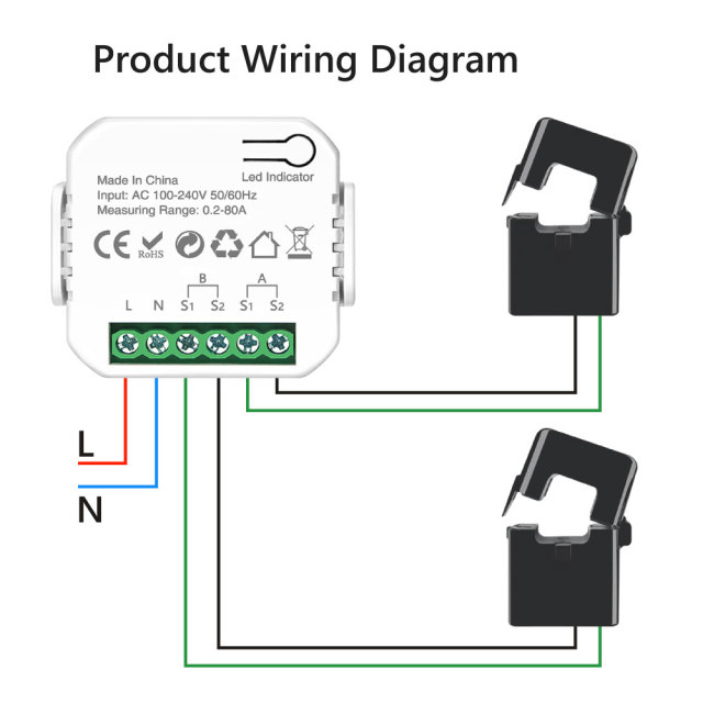 Tuya Smart WiFi 1CH Single Phase Clamp Smart Meter, 0-80A, Energy Monitoring & Power Alarm
