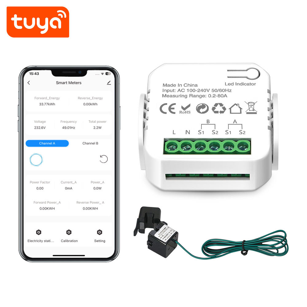 Tuya Smart WiFi 1CH Single Phase Clamp Smart Meter, 0-80A, Energy Monitoring & Power Alarm