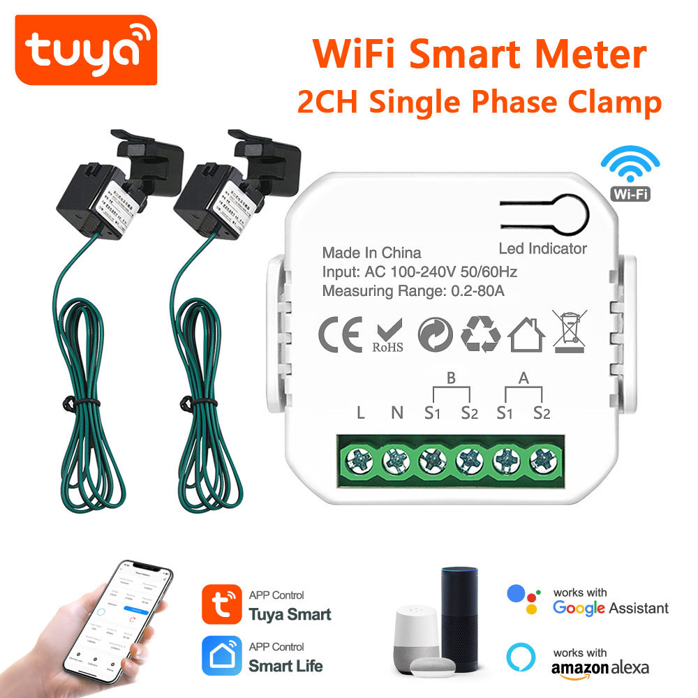 Tuya Smart WiFi 2CH Single Phase Clamp Smart Meter, 0-80A, Dual Channel Energy Monitoring & Power Alarm