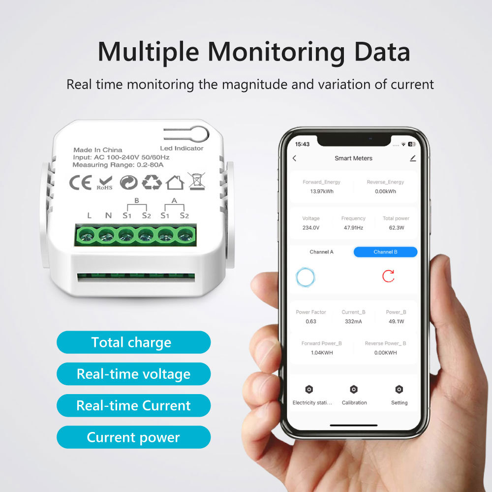 Tuya Smart WiFi 2CH Single Phase Clamp Smart Meter, 0-80A, Dual Channel Energy Monitoring & Power Alarm