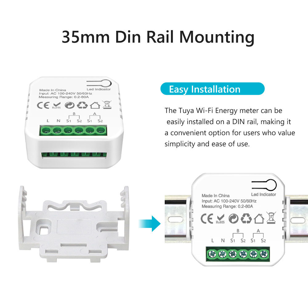 Tuya Smart WiFi 2CH Single Phase Clamp Smart Meter, 0-80A, Dual Channel Energy Monitoring & Power Alarm