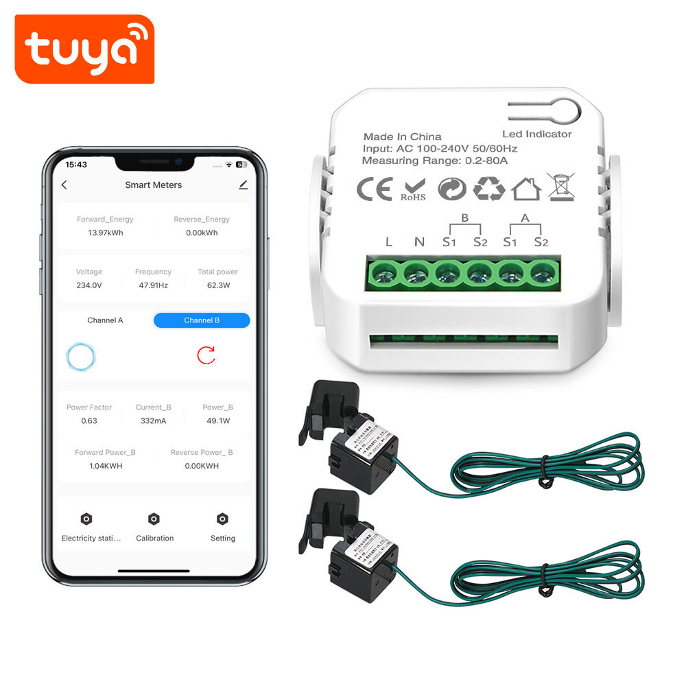 Tuya Smart WiFi 2CH Single Phase Clamp Smart Meter, 0-80A, Dual Channel Energy Monitoring & Power Alarm