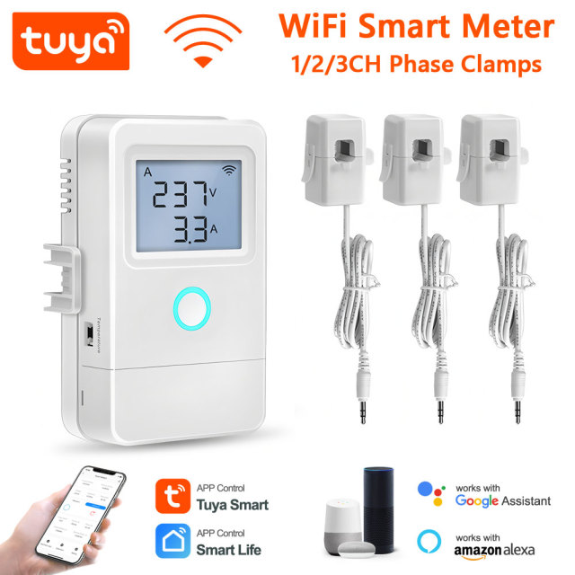 Tuya Smart WiFi Energy Meter with 1/2/3-Phase Clamps, 80A-100A High-Power Electricity Monitor with Relay Switch