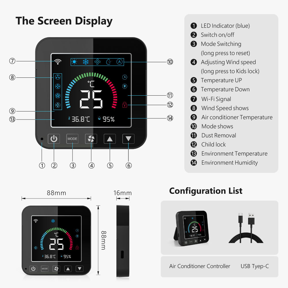Tuya Smart WiFi LCD Air Conditioner Controller, IR Remote Thermostat with Temp & Humidity Sensor
