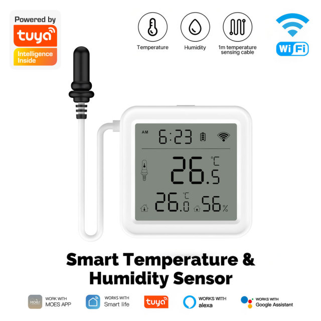 Tuya Smart WiFi Temperature & Humidity Sensor with IP67 Waterproof Wired External Probe