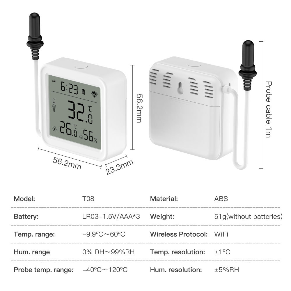 Tuya Smart WiFi Temperature & Humidity Sensor with IP67 Waterproof Wired External Probe