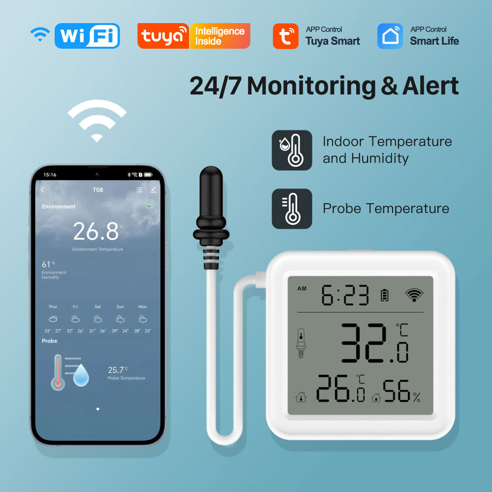 Tuya Smart WiFi Temperature & Humidity Sensor with IP67 Waterproof Wired External Probe