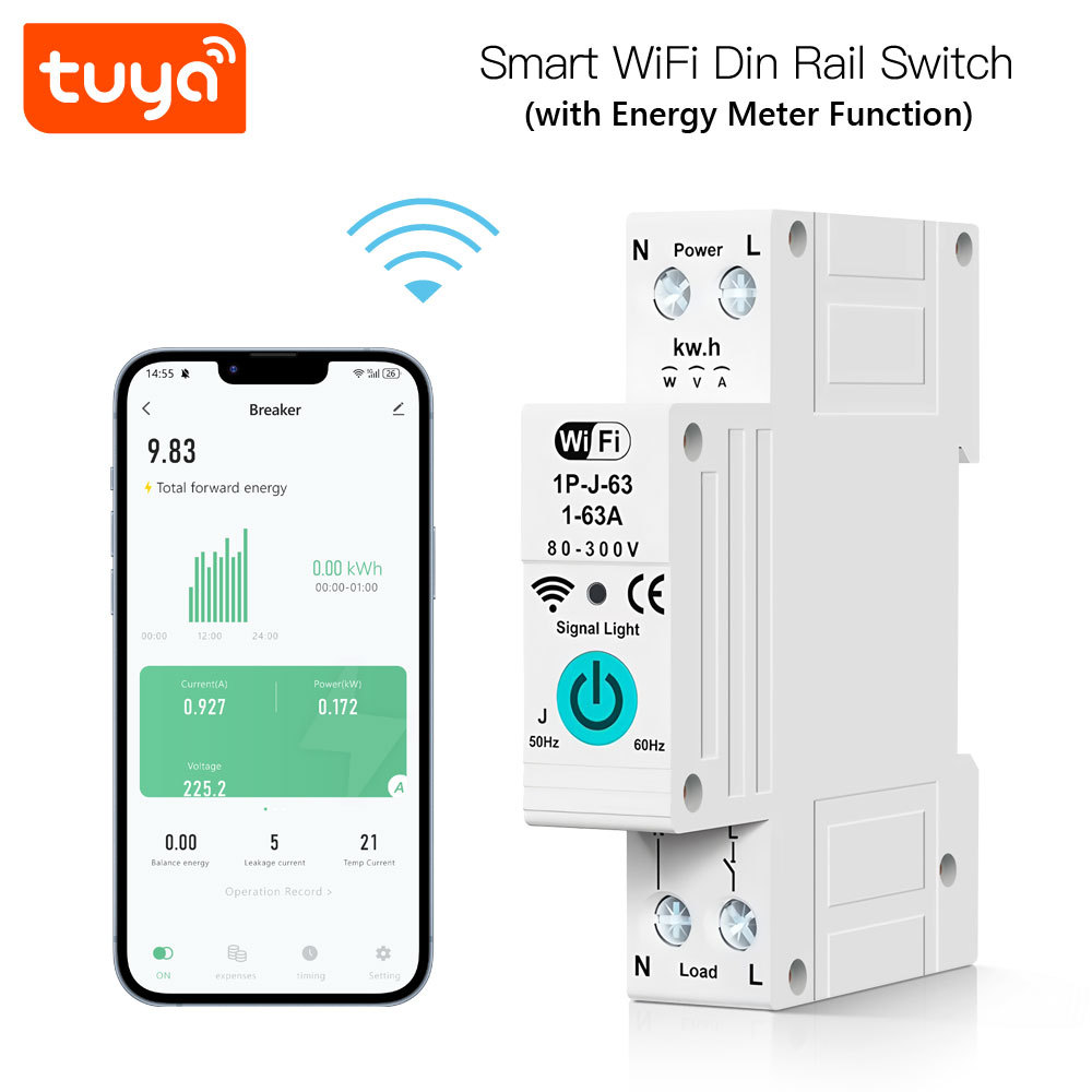 Tuya Smart WiFi 1P 63A DIN Rail Circuit Breaker Switch with Energy Meter