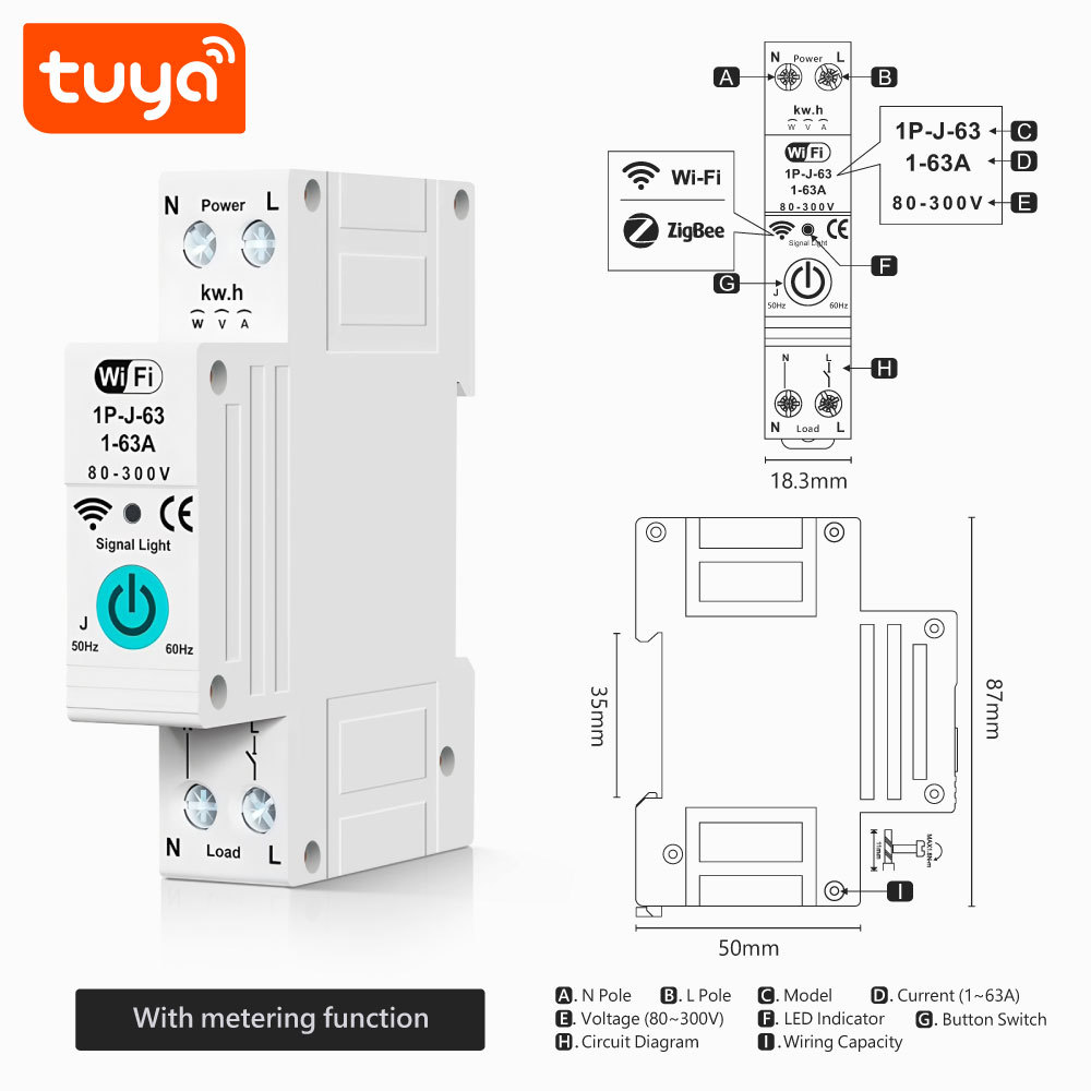 Tuya Smart WiFi 1P 63A DIN Rail Circuit Breaker Switch with Energy Meter