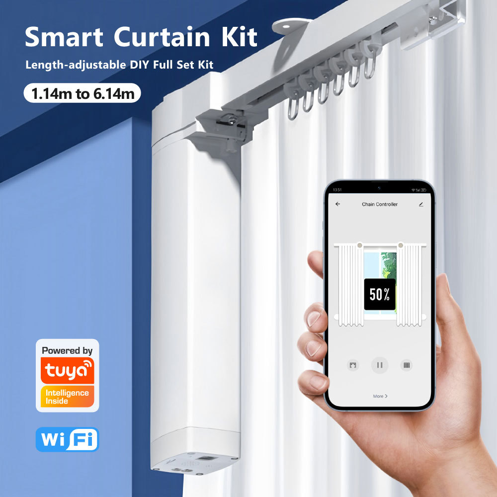 Tuya Smart WiFi Length-Adjustable Electric Curtain Kit Motor Rail Voice APP Timer