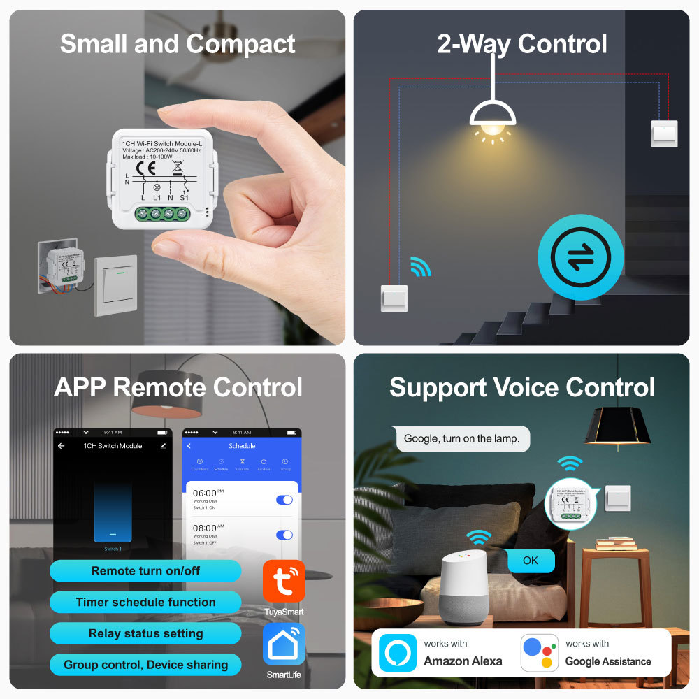 Tuya Smart WiFi BLE No Neutral 1 Gang Light Switch Module 2-Way Relay