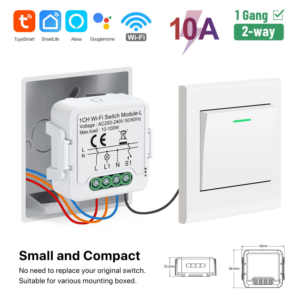 Tuya Smart WiFi BLE No Neutral 1 Gang Light Switch Module 2-Way Relay