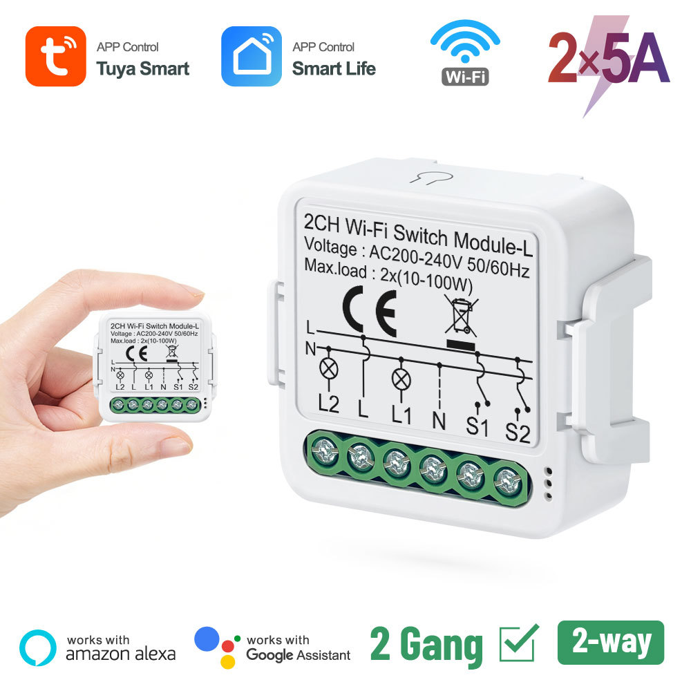 Tuya Smart WiFi BLE No Neutral 2 Gang Light Switch Module 2-Way Relay