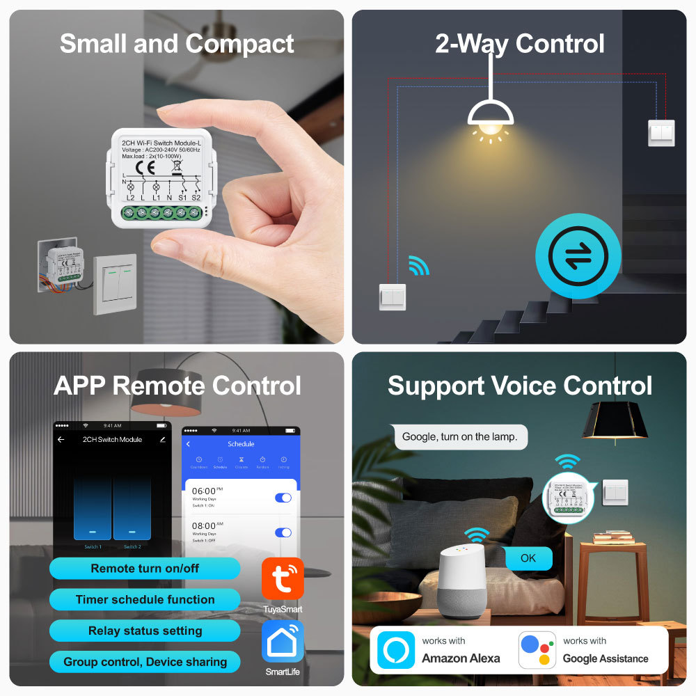 Tuya Smart WiFi BLE No Neutral 2 Gang Light Switch Module 2-Way Relay