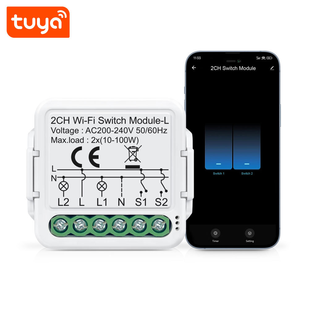 Tuya Smart WiFi BLE No Neutral 2 Gang Light Switch Module 2-Way Relay