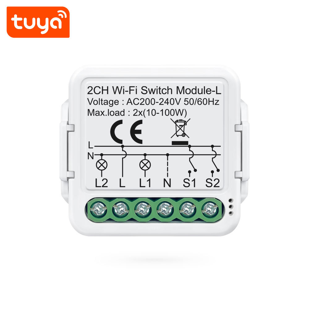 Tuya Smart WiFi BLE No Neutral 2 Gang Light Switch Module 2-Way Relay
