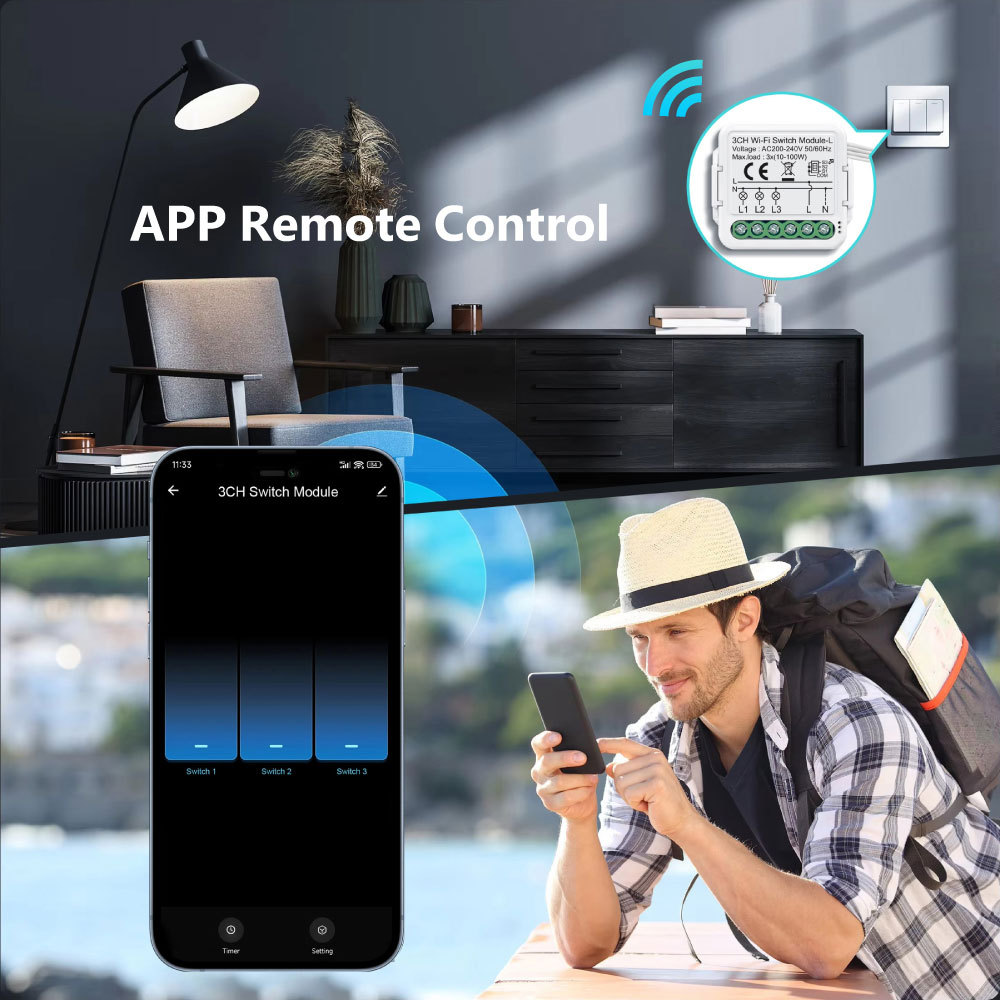 Tuya Smart WiFi BLE No Neutral 3 Gang Light Switch Module Triple Relay