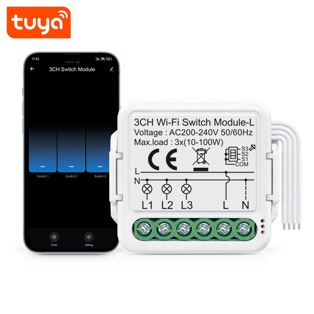 Tuya Smart WiFi BLE No Neutral 3 Gang Light Switch Module Triple Relay