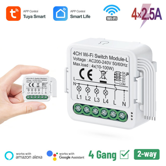 Tuya Smart WiFi BLE No Neutral 4 Gang Light Switch Module Quad Relay