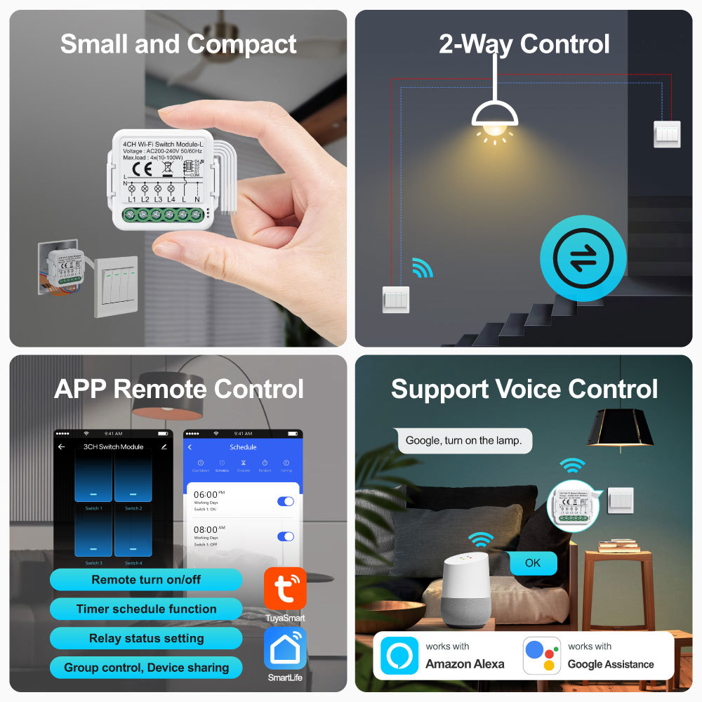 Tuya Smart WiFi BLE No Neutral 4 Gang Light Switch Module Quad Relay
