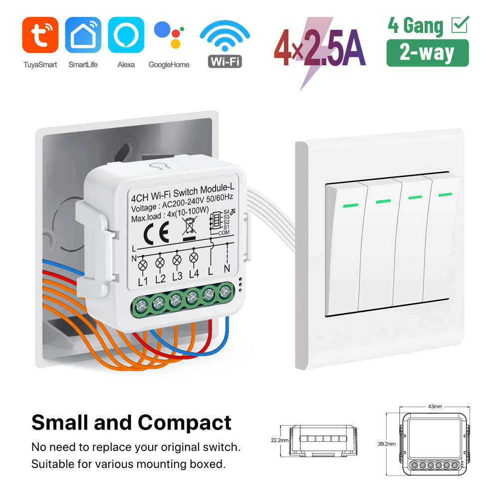 Tuya Smart WiFi BLE No Neutral 4 Gang Light Switch Module Quad Relay