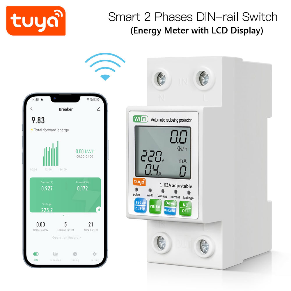 Tuya Smart WiFi 2P 63A LCD Energy Meter Leakage Circuit Breaker Switch
