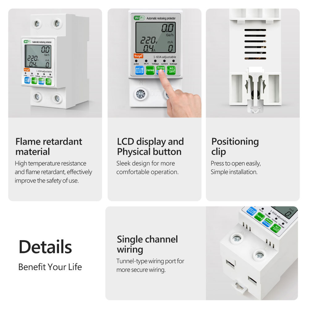 Tuya Smart WiFi 2P 63A LCD Energy Meter Leakage Circuit Breaker Switch
