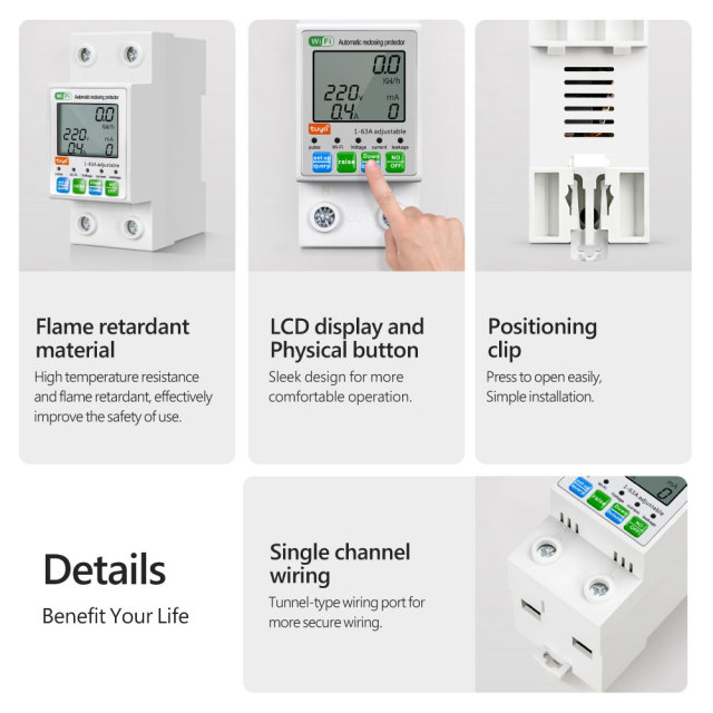 Tuya Smart WiFi 2P 63A LCD Energy Meter Leakage Circuit Breaker Switch