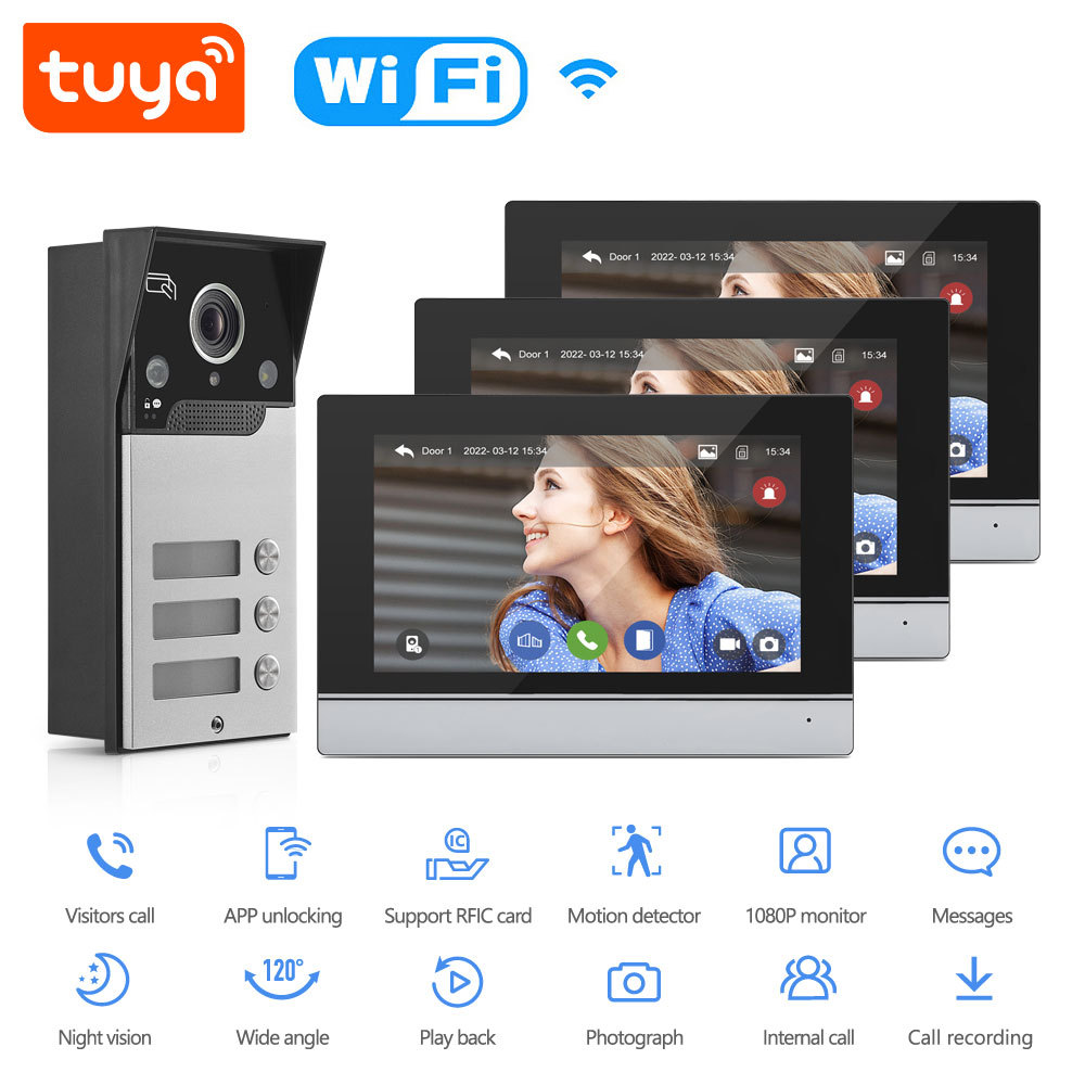 Tuya Smart WiFi 3-Button IP65 Apartment Video Door Phone Kit 3 Units