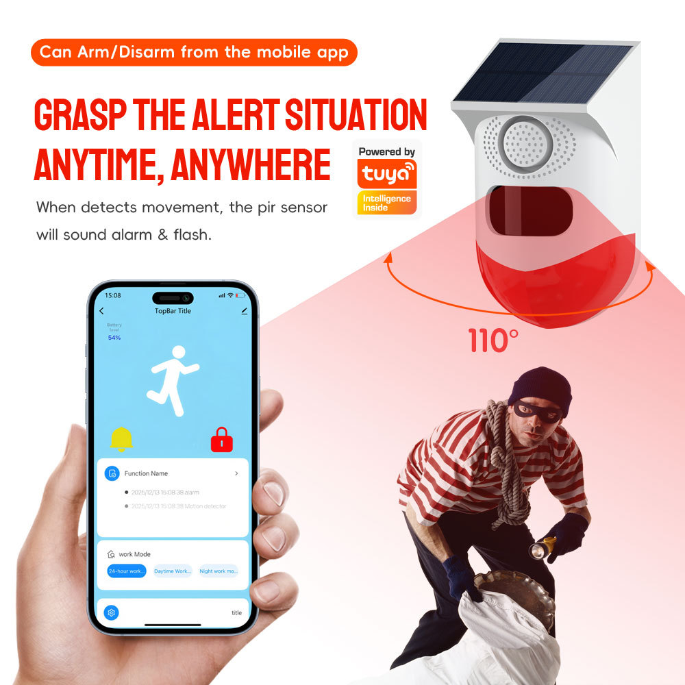 Tuya Smart WiFi Solar Waterproof WiFi PIR Alarm with 433Mhz, solar - powered for outdoor security