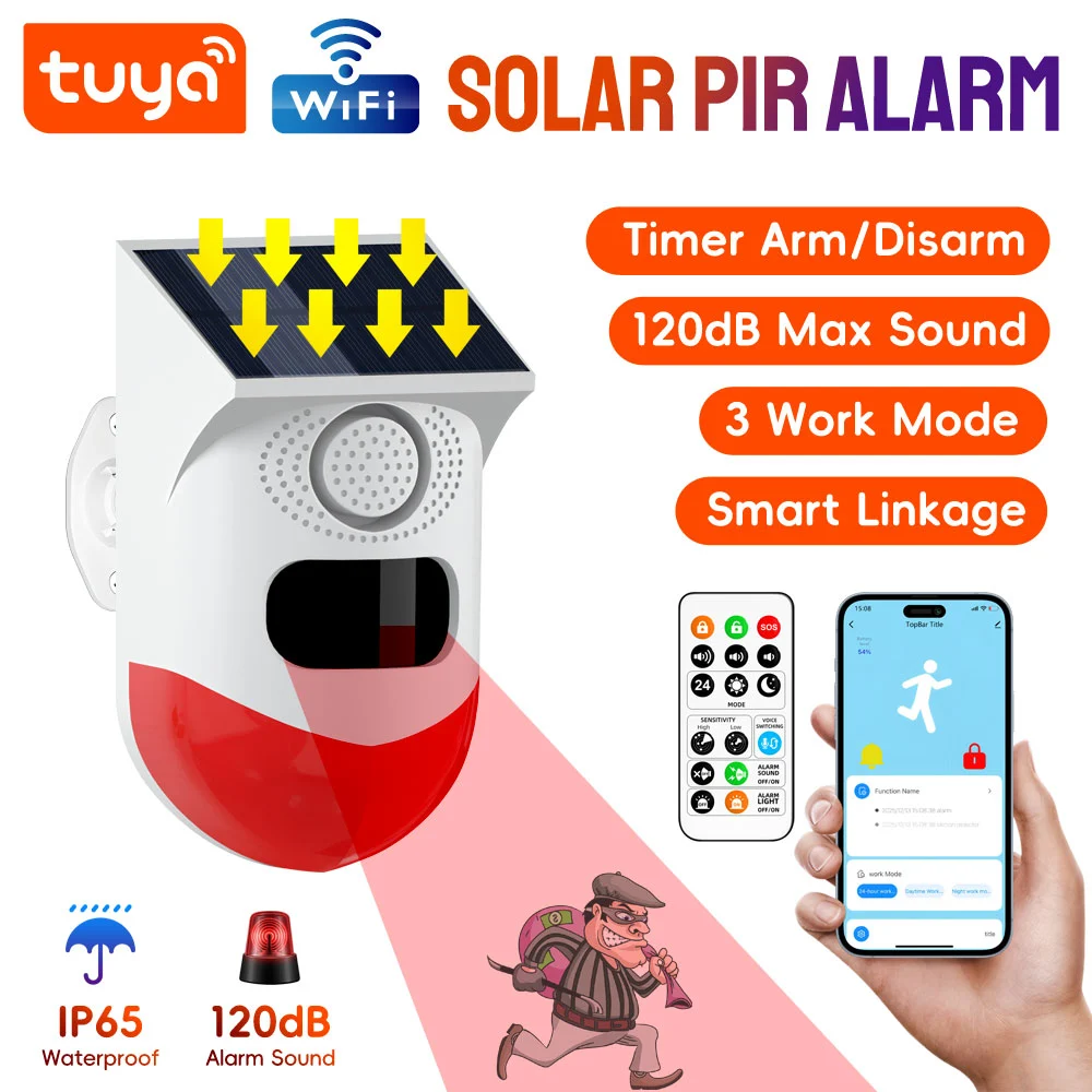 Tuya Smart WiFi Solar Waterproof WiFi PIR Alarm with 433Mhz, solar - powered for outdoor security