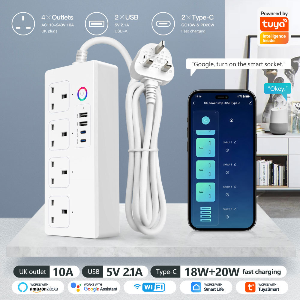 Tuya Smart WiFi UK Power Strip 4 Outlets 2 USB Type-C Surge Guard