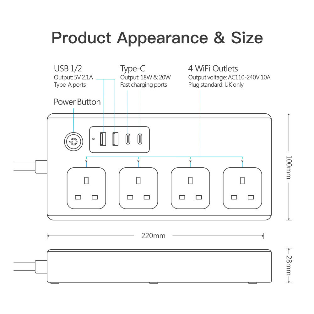 Tuya Smart WiFi UK Power Strip 4 Outlets 2 USB Type-C Surge Guard