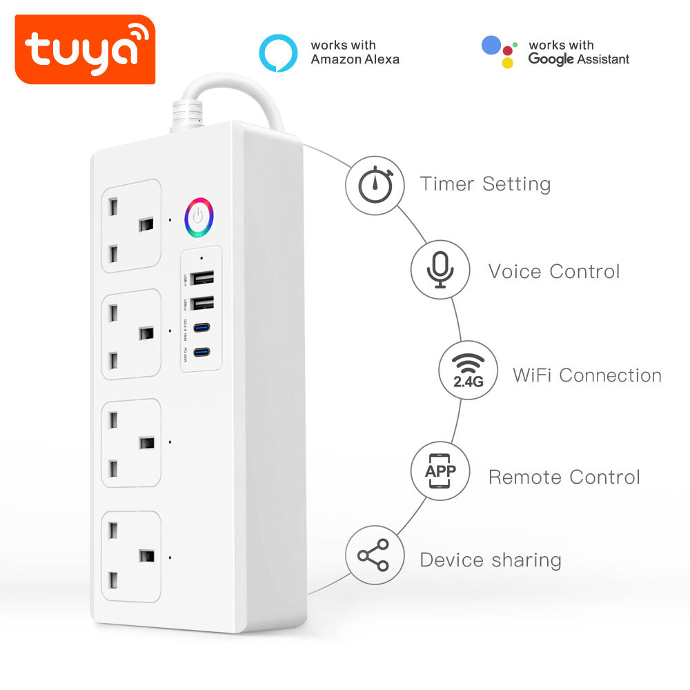 Tuya Smart WiFi UK Power Strip 4 Outlets 2 USB Type-C Surge Guard