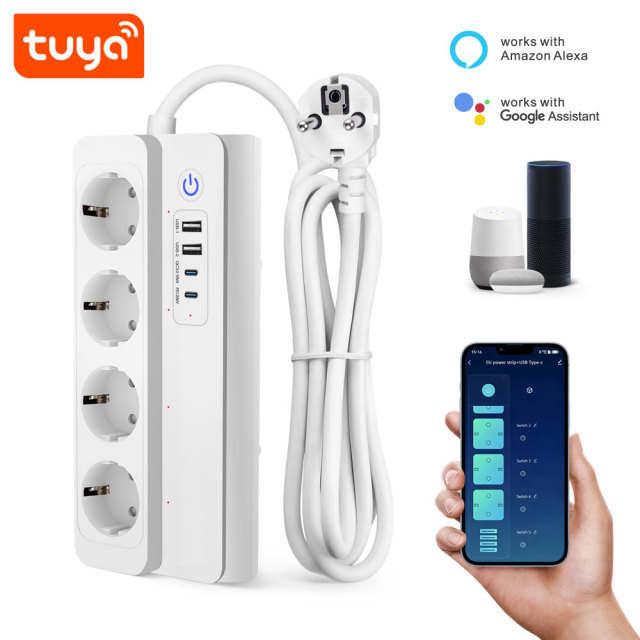 Tuya Smart WiFi EU Power Strip 4 Outlets 2 USB Type-C Surge Voice Control