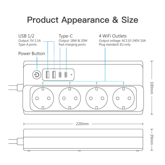 Tuya Smart WiFi EU Power Strip 4 Outlets 2 USB Type-C Surge Voice Control
