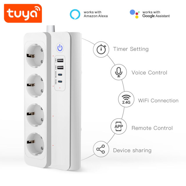 Tuya Smart WiFi EU Power Strip 4 Outlets 2 USB Type-C Surge Voice Control