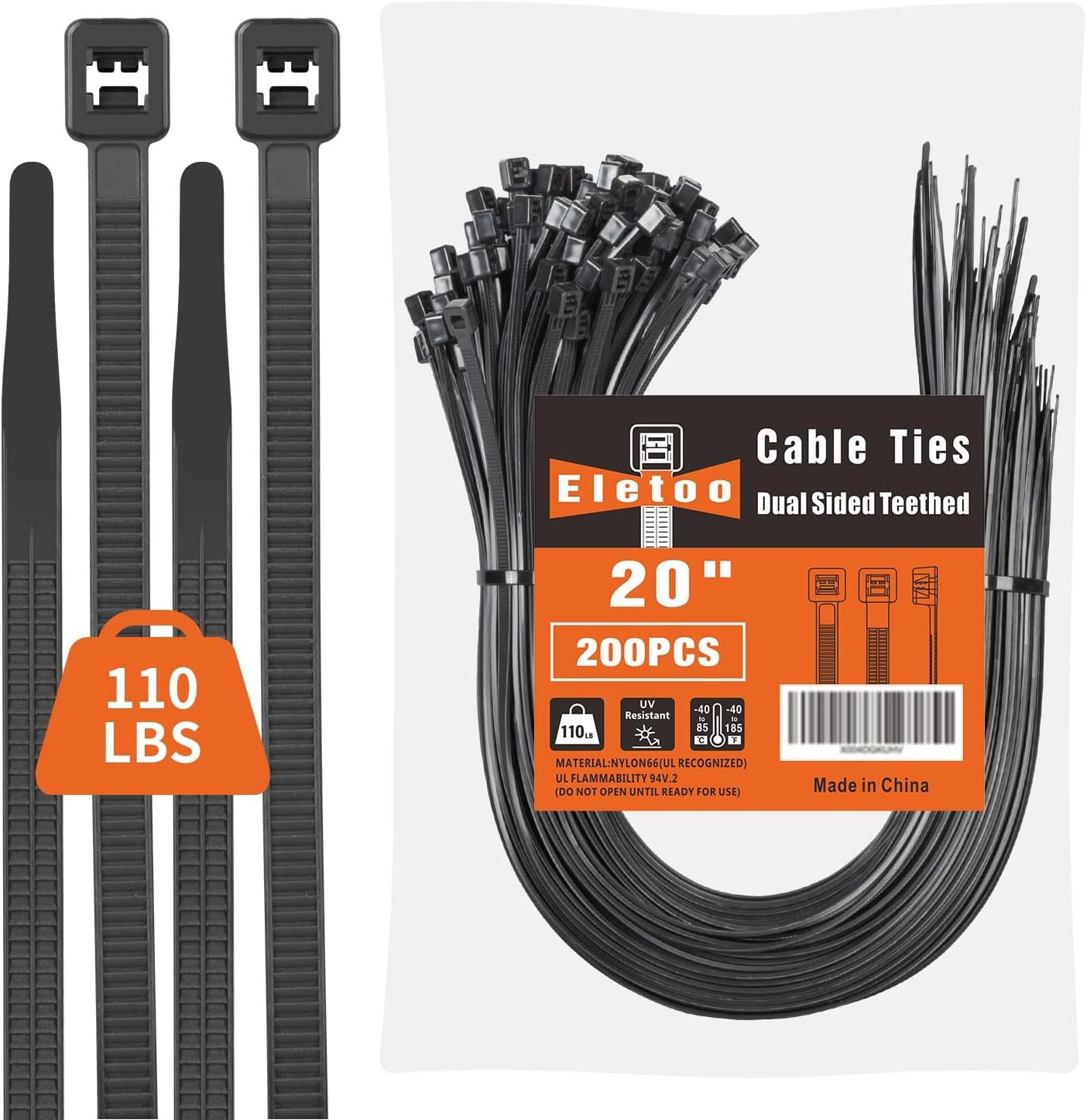 20 Inch Black Long Zip Ties Heavy Duty 200 Pack, 2025 New Patented Design, 100 LBS Tensile Strength, Self-Locking Nylon PA66 UV Resistant Cable Ties for Indoor and Outdoor Use