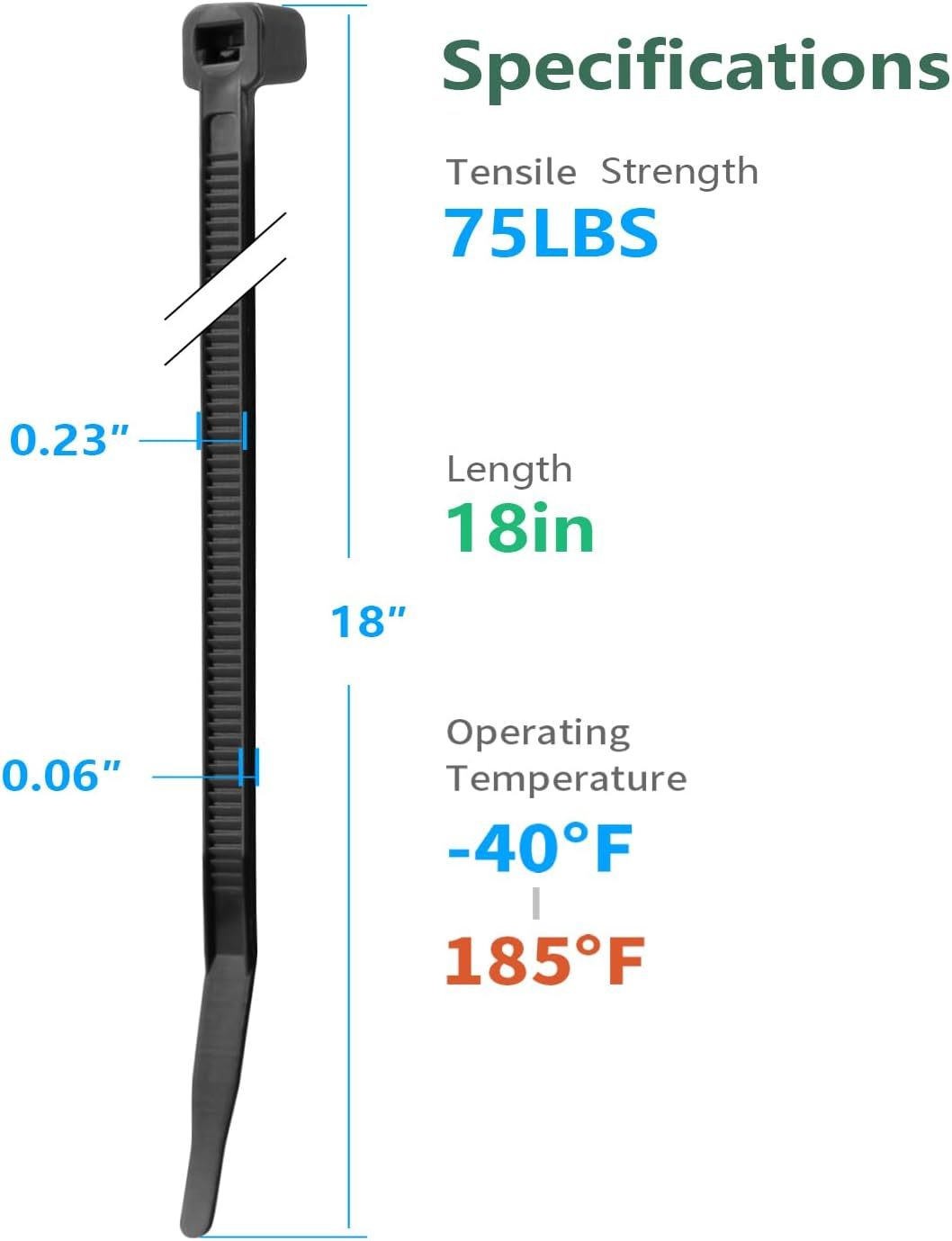 100PCS 18 inch Black Zip Ties Heavy Duty, 75LBS Tensile Strength, Self-Locking Heavy Duty UV Resistant Cable Ties for Indoor and Outdoor Use