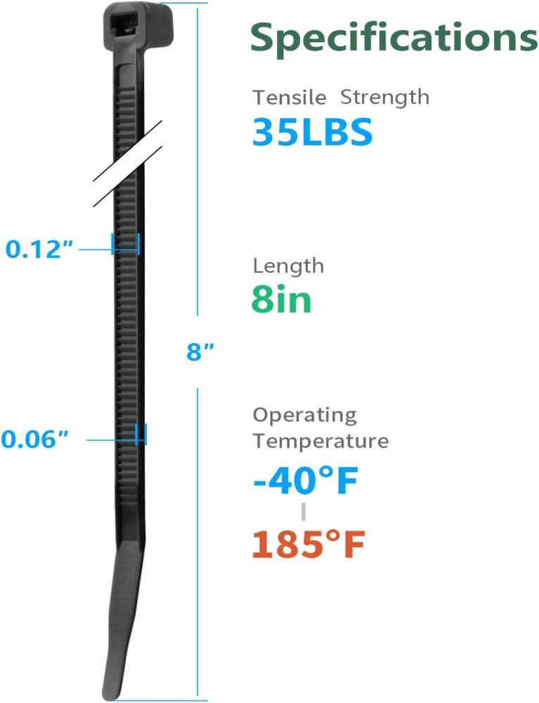 8 Inch Black Zip Ties (5000 Pack), 35 LBS Tensile Strength, Self-Locking Nylon PA66 UV Resistant Cable Ties for Indoor and Outdoor Use