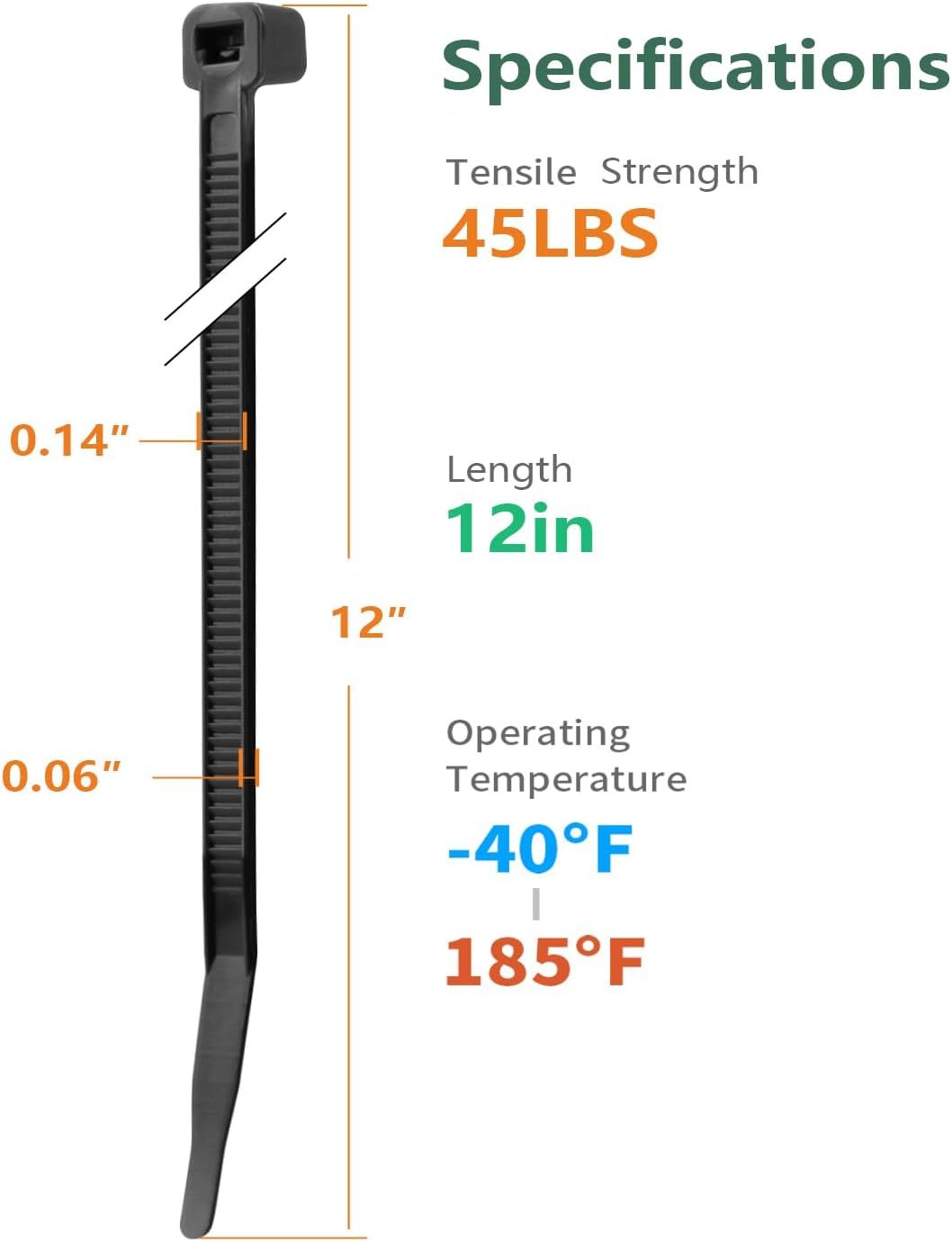 12 Inch Black Zip Ties (2000 Pack), 45 LBS Tensile Strength, Self-Locking Nylon PA66 UV Resistant Cable Ties for Indoor and Outdoor Use
