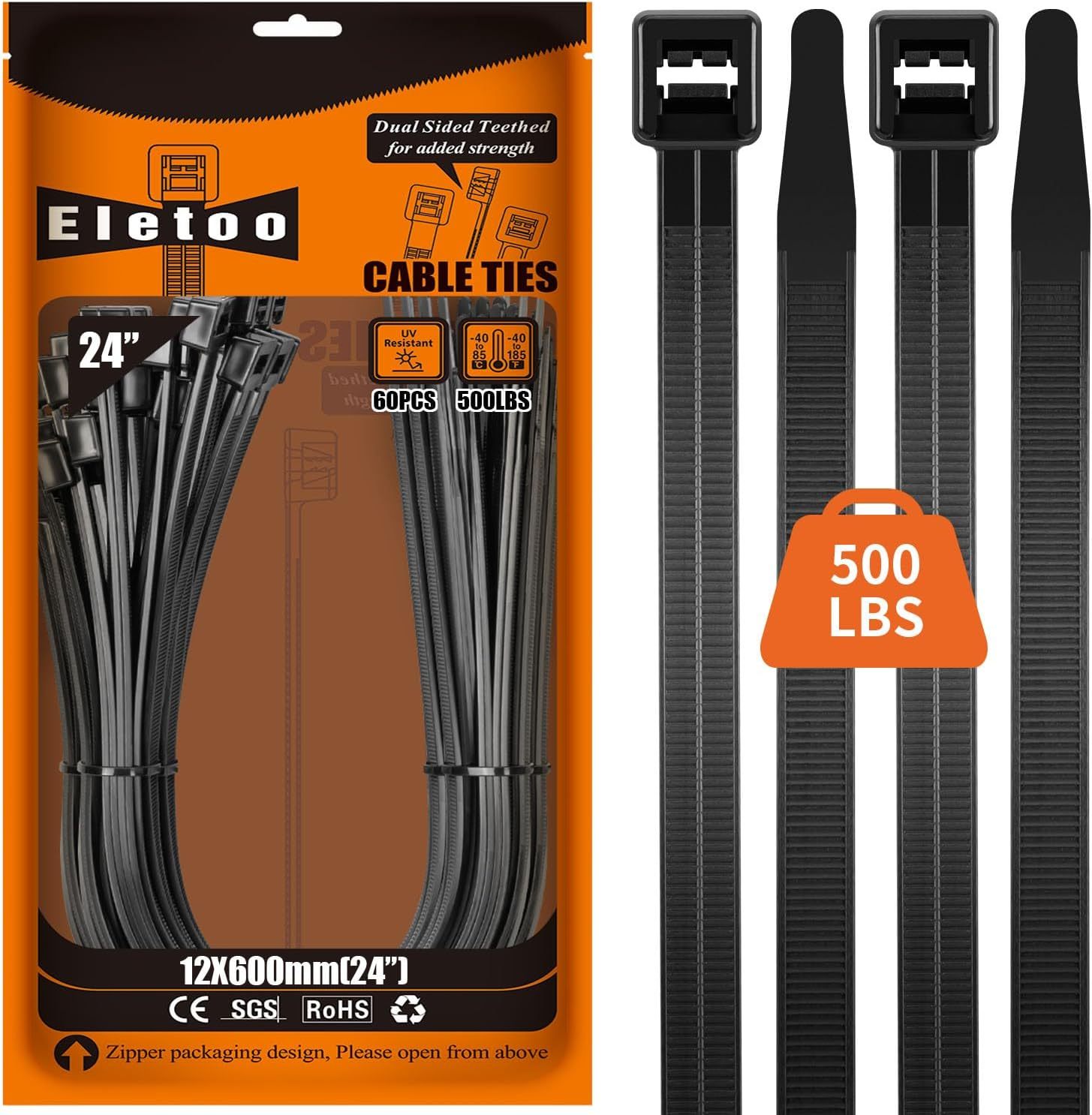24 Inch Black Large Zip Ties Heavy Duty 60 Pack, 2025 New Patented Design, 500 LBS Tensile Strength, Self-Locking Nylon PA66 UV Resistant Cable Ties for Indoor and Outdoor Use