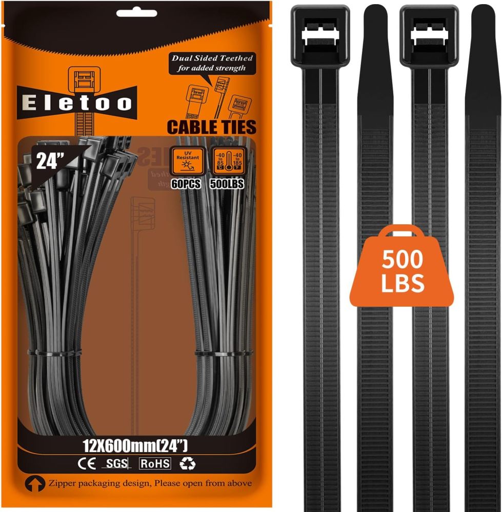 24 Inch Black Large Zip Ties Heavy Duty 60 Pack, 2025 New Patented Design, 500 LBS Tensile Strength, Self-Locking Nylon PA66 UV Resistant Cable Ties for Indoor and Outdoor Use